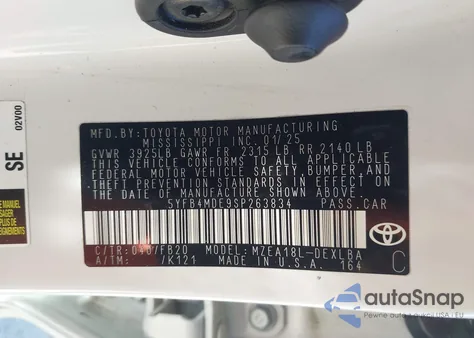 2025 Toyota Corolla Le z USA, uszkodzony, nr VIN 5YFB4MDE9SP263834